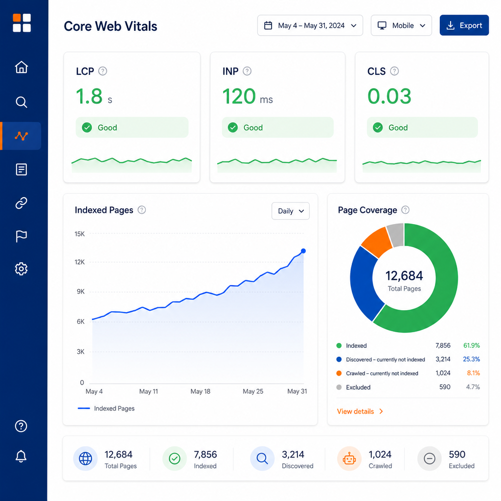 Ejemplo de informe de Core Web Vitals y cobertura de indexación
