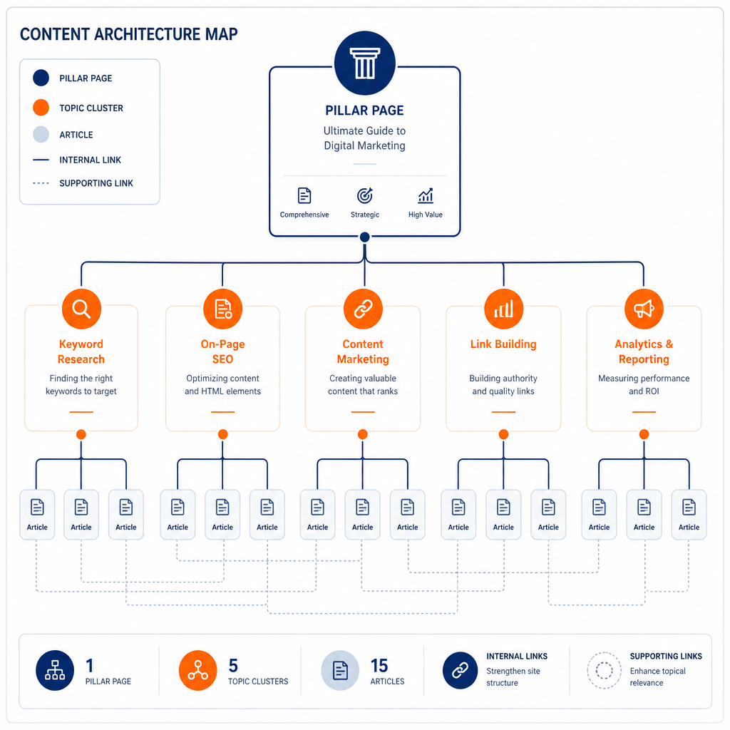 Ejemplo de arquitectura de contenidos por silos y clusters temáticos