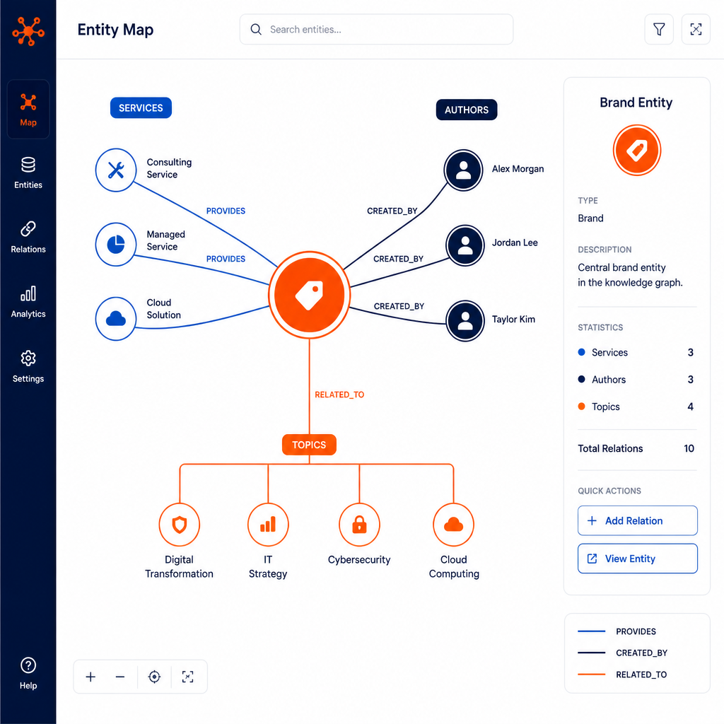 Ejemplo de mapa de entidades y relaciones semánticas para optimización GEO