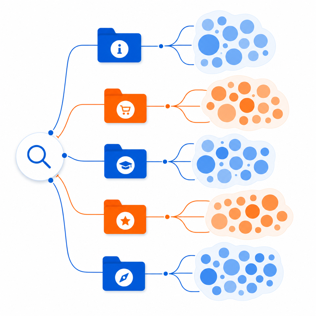 Ejemplo ilustrativo de mapa de keywords agrupadas por intención de búsqueda y URL asignada
