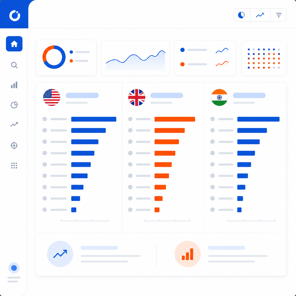 Ejemplo ilustrativo de comparativa de keywords y volumen de búsqueda entre distintos países